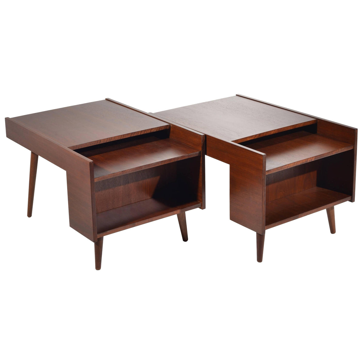 Pair of Milo Baughman end tables for Glenn of California with magazine shelves and book cubbies