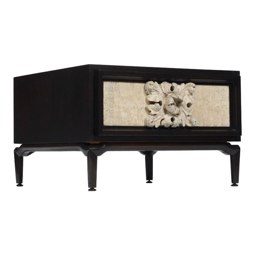 Ebonized mahogany Mid-Century Modern side cabinet with sculptural stone front