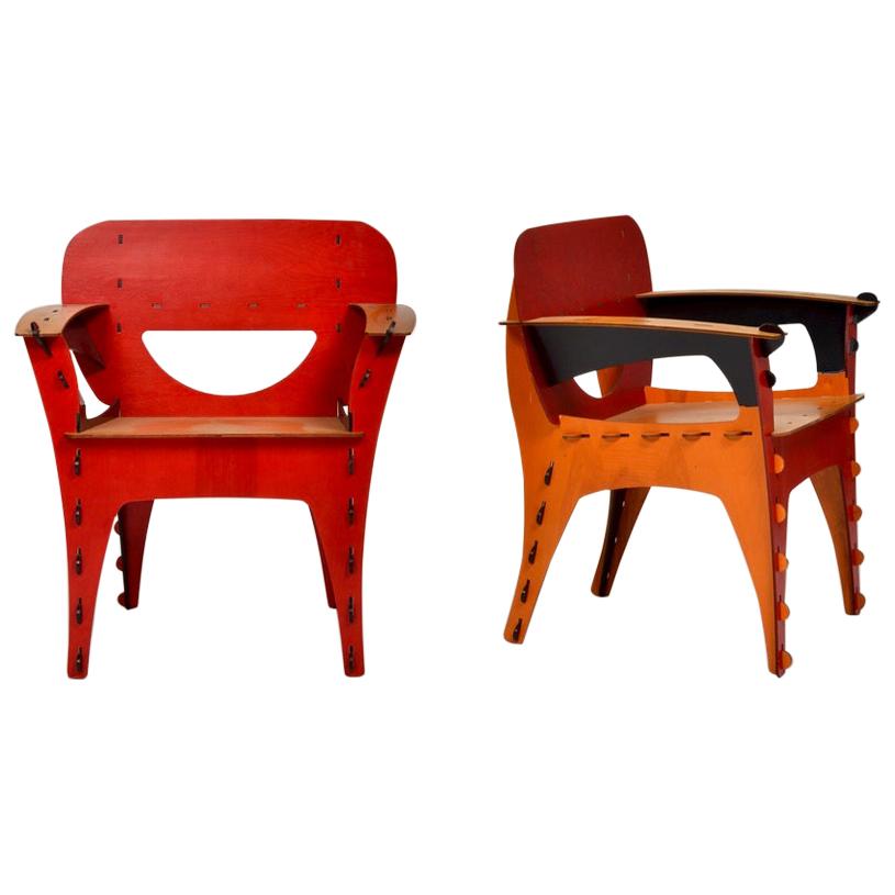 David Kawecki Puzzle #1 Postmodern plywood armchairs in mixed stained finishes