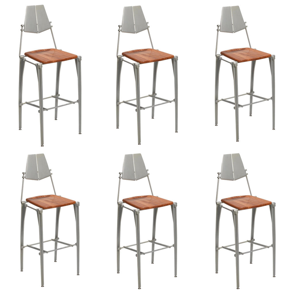 Robert Josten cast aluminum bar stools with molded wooden seats