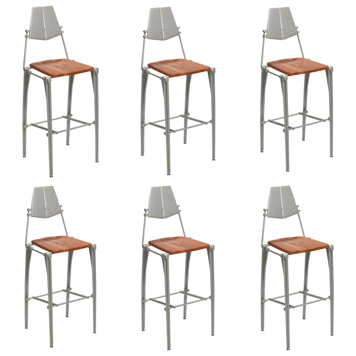 Robert Josten cast aluminum bar stools with molded wooden seats