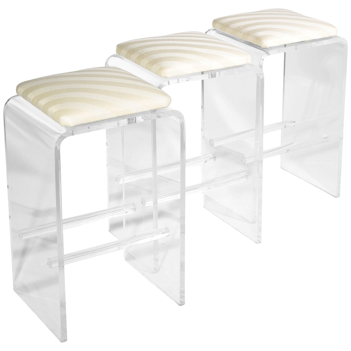 Set of three Lucite waterfall swivel bar stools in the style of Charles Hollis Jones