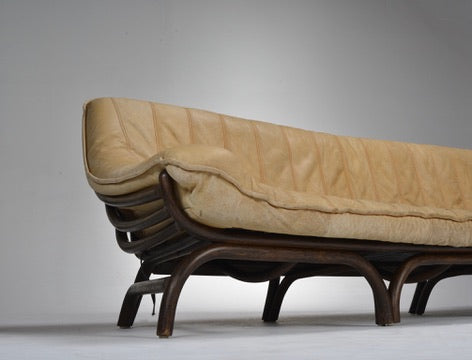 Italian Modernist Rattan Sofa with Caramel Aniline Leather