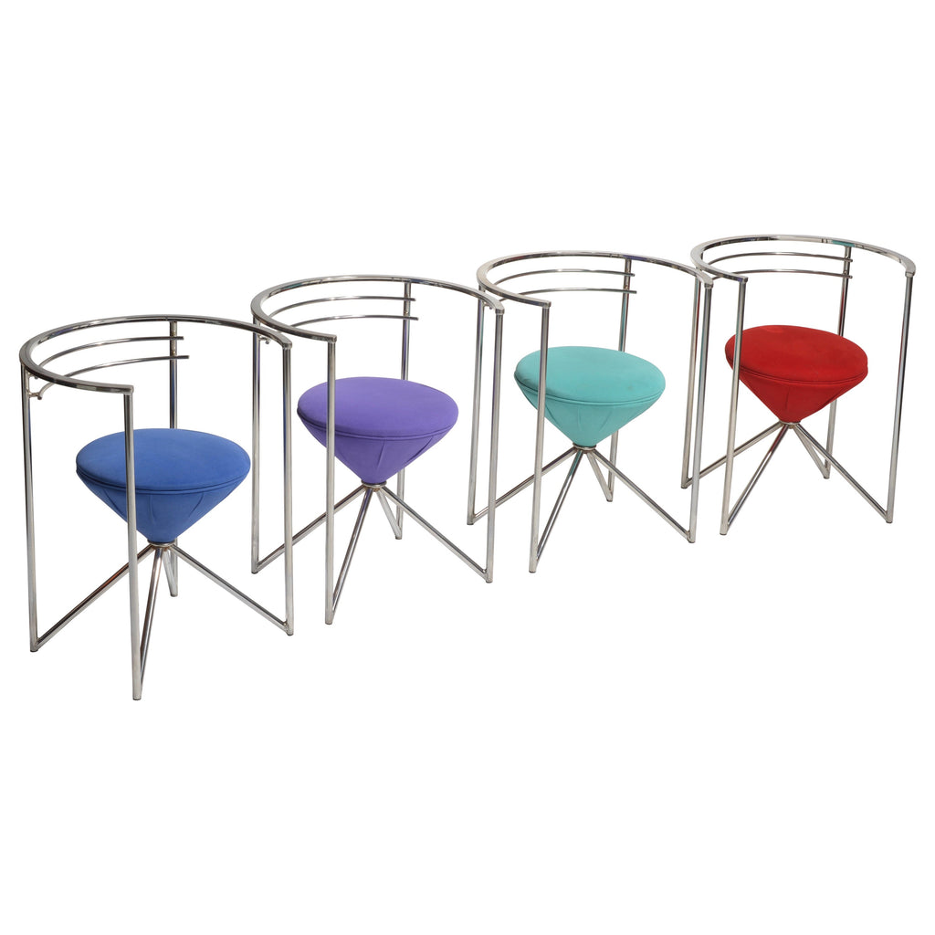 Chrome Postmodern sculptural chairs with jewel-tone upholstered seats