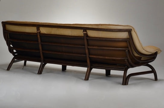 Italian Modernist Rattan Sofa with Caramel Aniline Leather