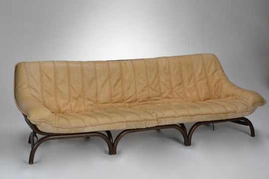 Italian Modernist Rattan Sofa with Caramel Aniline Leather