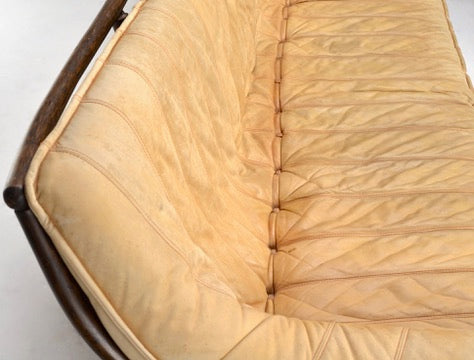 Italian Modernist Rattan Sofa with Caramel Aniline Leather