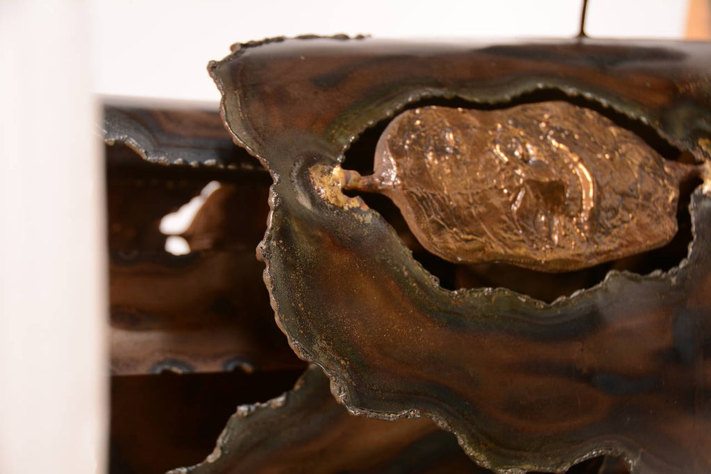 Tom Greene style Brutalist brass and bronze table lamp detail 4