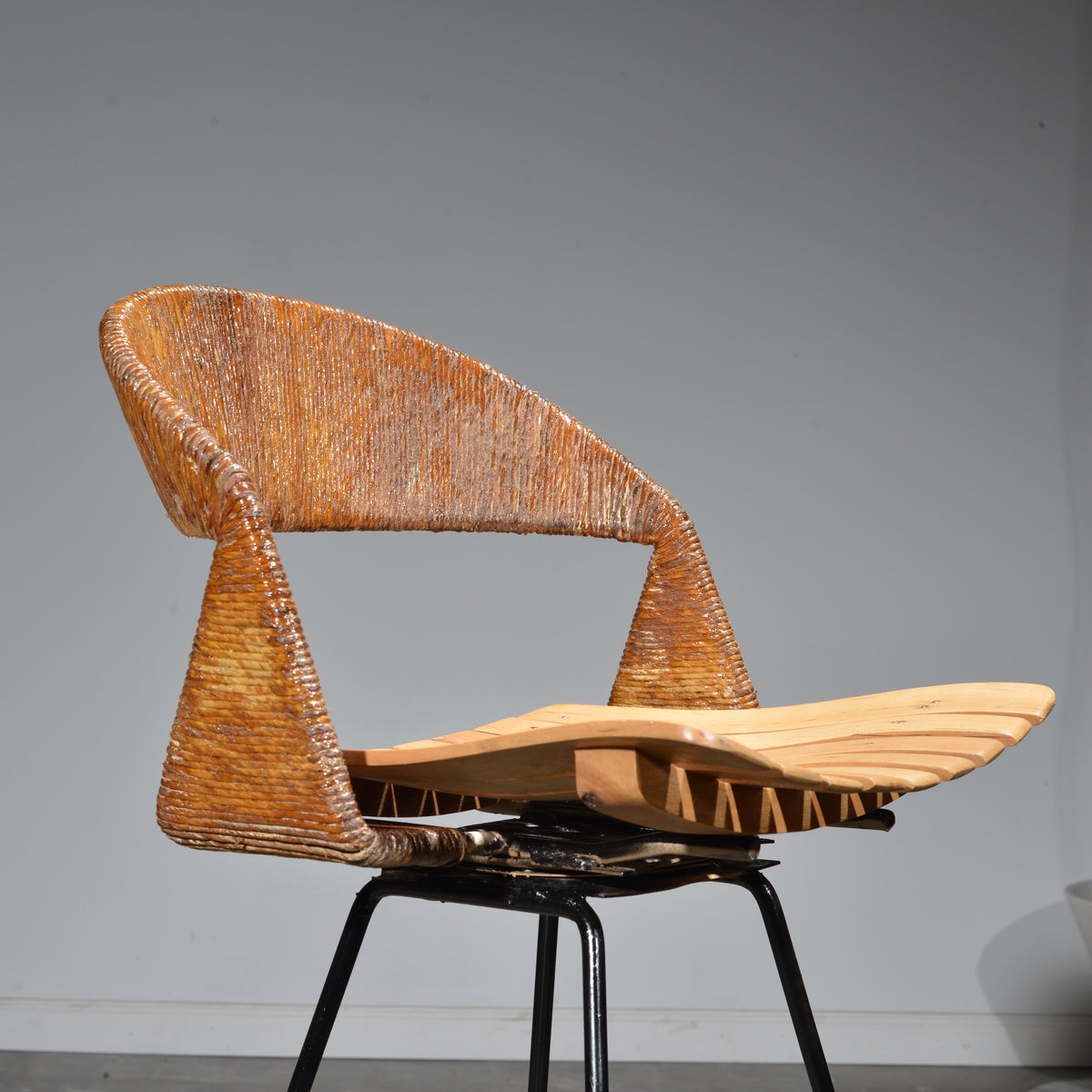 Arthur Umanoff birch jute steel swivel stool detail 5