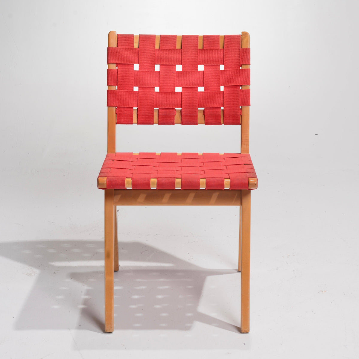 Jens Risom Knoll red webbed side chair detail 8