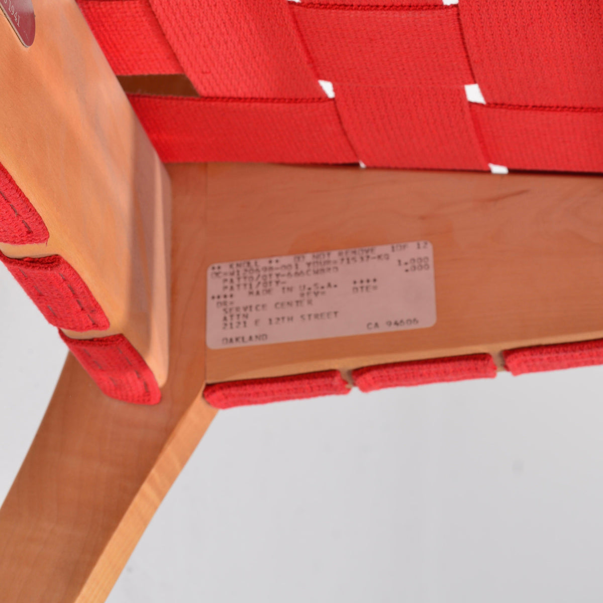 Jens Risom Knoll red webbed side chair detail 11