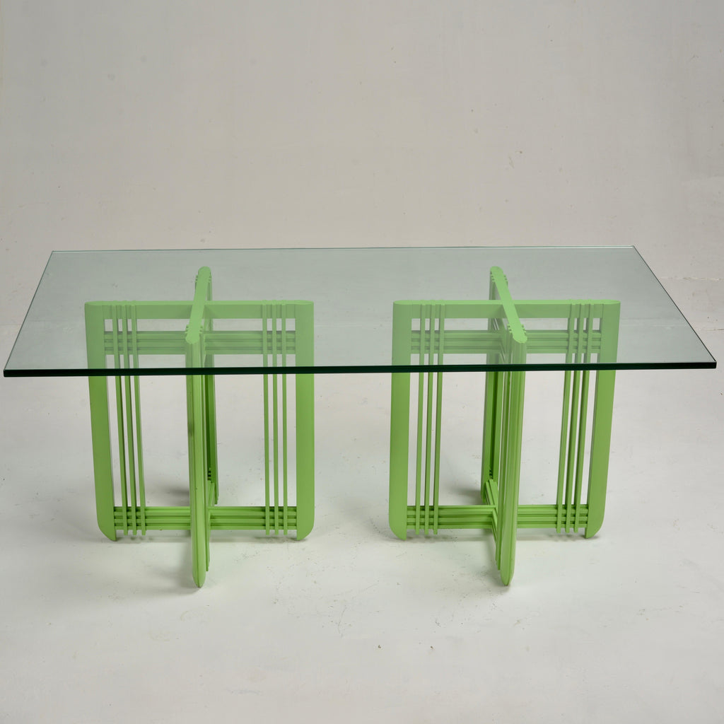 1990s Post-Modern maple and beveled glass dining table detail 14
