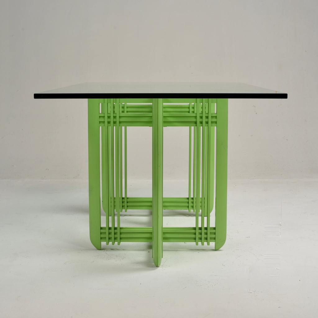 1990s Post-Modern maple and beveled glass dining table detail 19