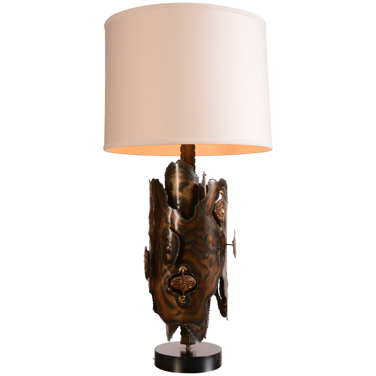 Tom Greene style Brutalist brass and bronze sculptural table lamp with custom shade