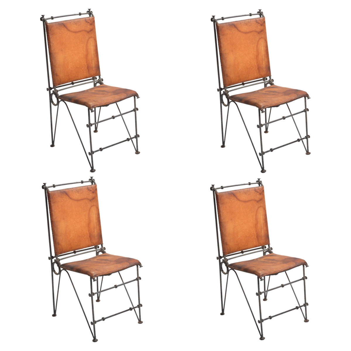 Ilana Goor hand-wrought steel and saddle leather side chairs