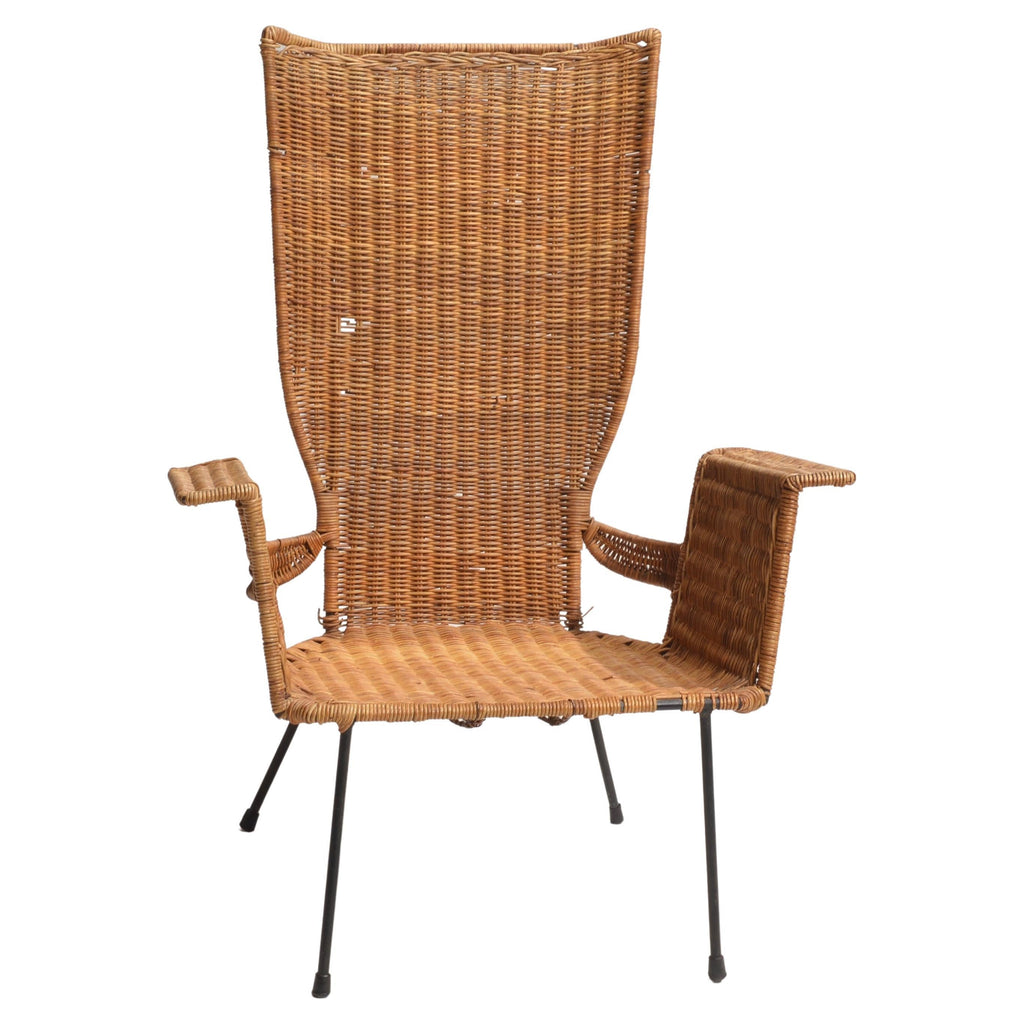 Arthur Umanoff high-back rattan armchair with black steel frame, 1958