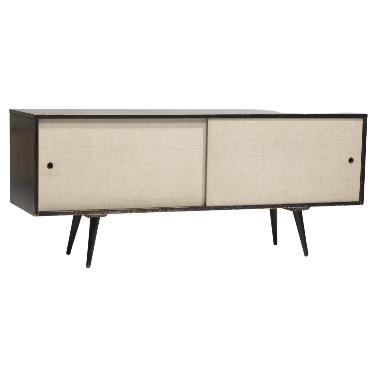 Paul McCobb Planner Group black lacquer low credenza with white sliding doors