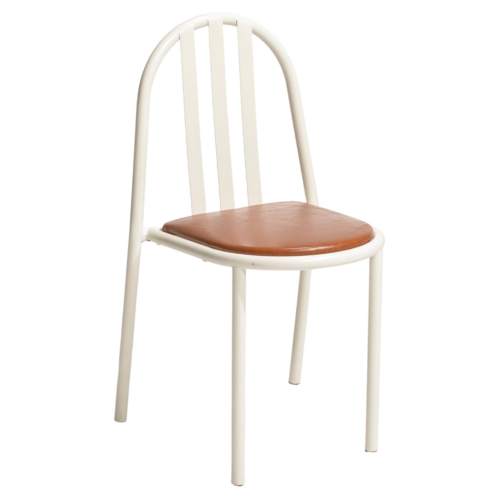 Robert Mallet-Stevens Model 222 white tubular steel stacking chair with cognac seat