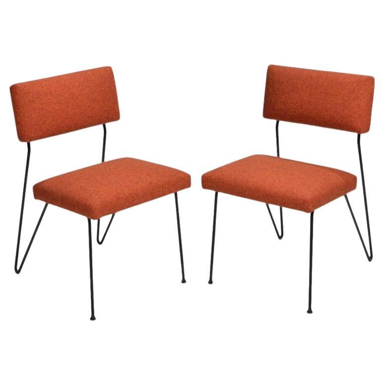 Dorothy Schindele 1949 hairpin leg spring-back chairs with orange upholstery