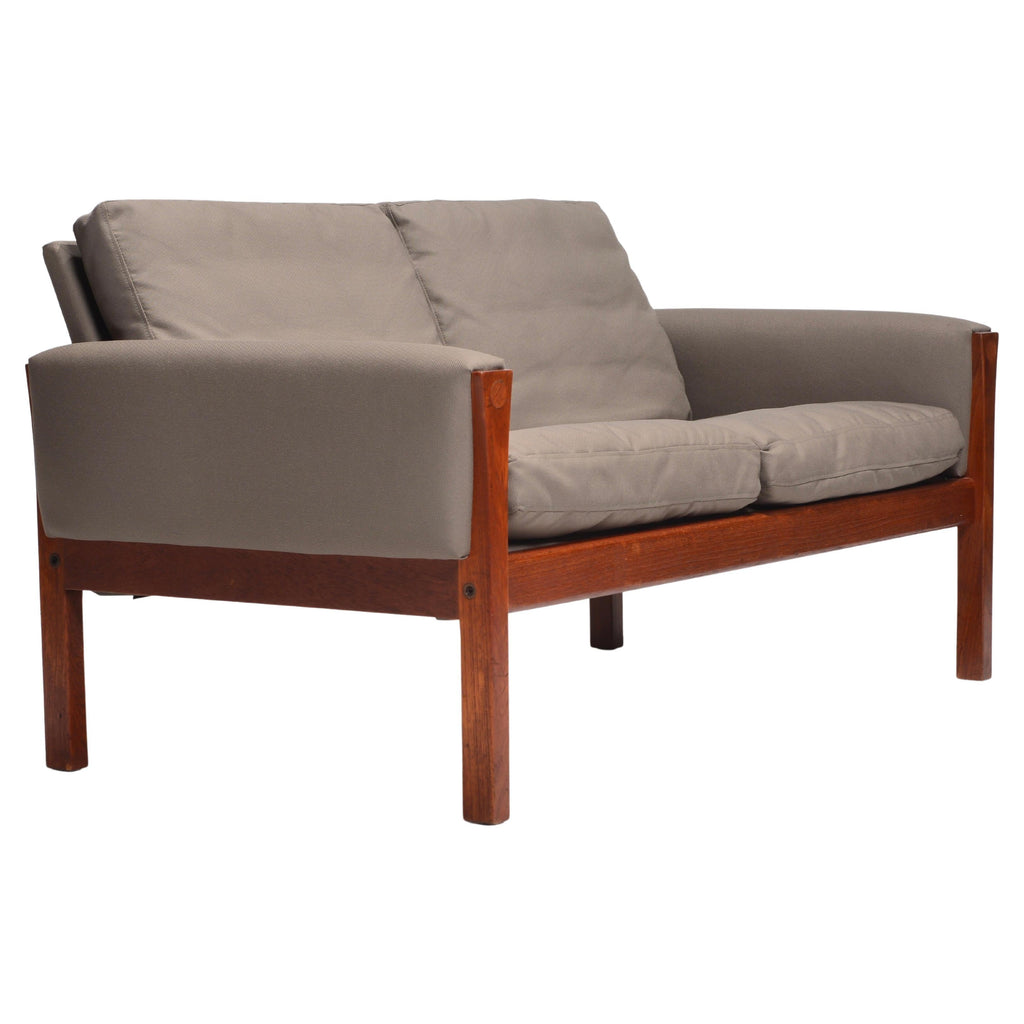 Hans Wegner and Arne Poulsen AP62 teak loveseat with gray upholstery