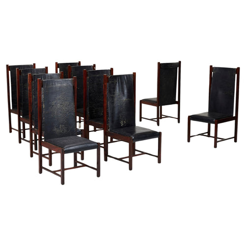 Celina Decorações Brazilian high back dining chairs in dark wood and black upholstery