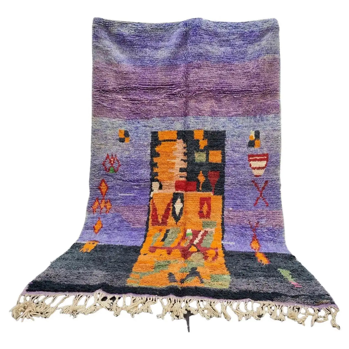 Moroccan Boujaad Rug in Mauve, Pink, Orange, and Black Geometric Patterns