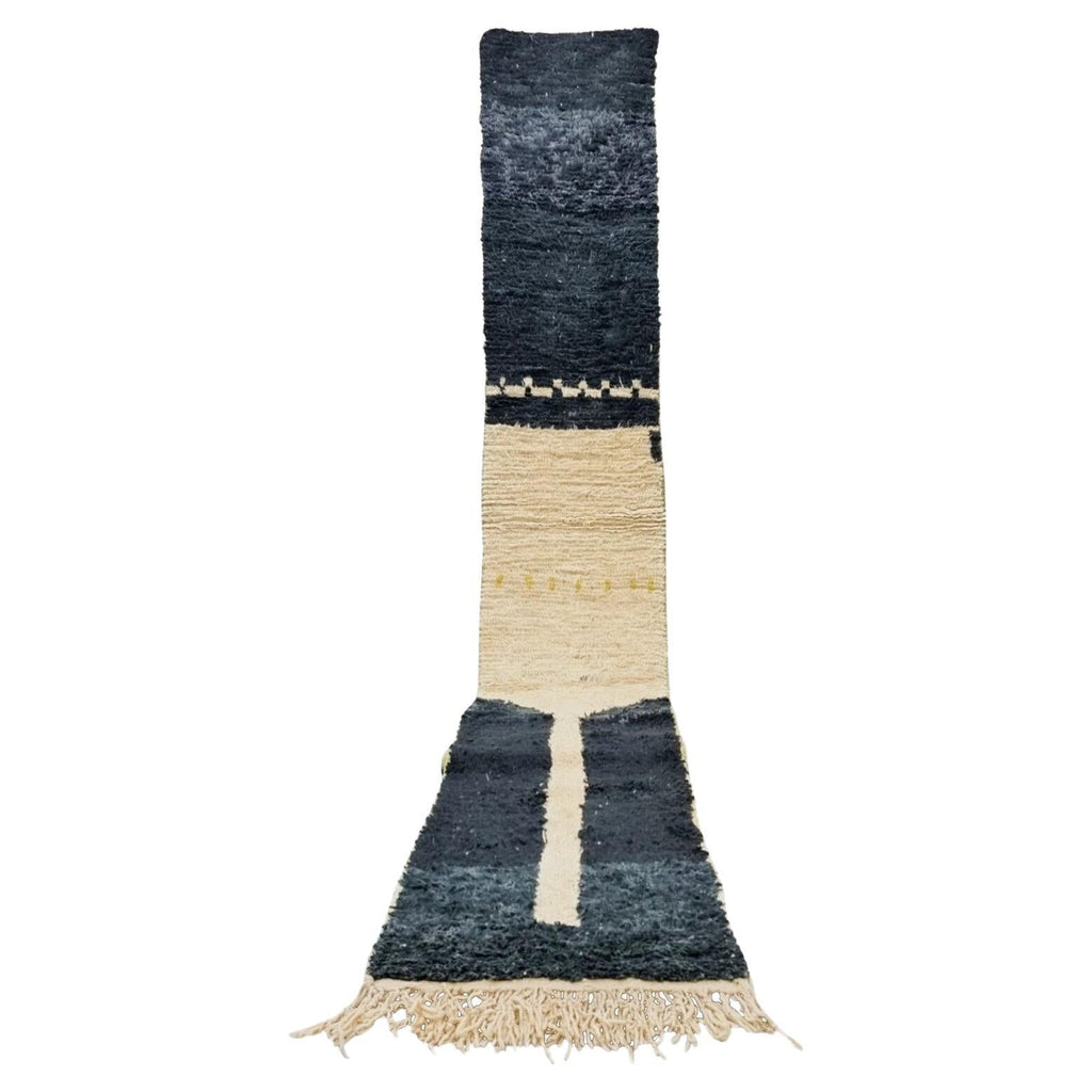 Moroccan Boujaad wool runner rug in black and beige geometric pattern