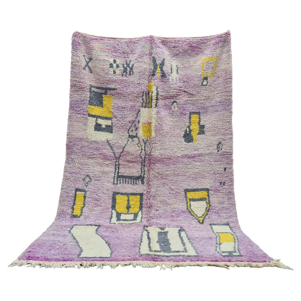 Moroccan Boujaad wool rug in soft purple with yellow black and cream geometric patterns