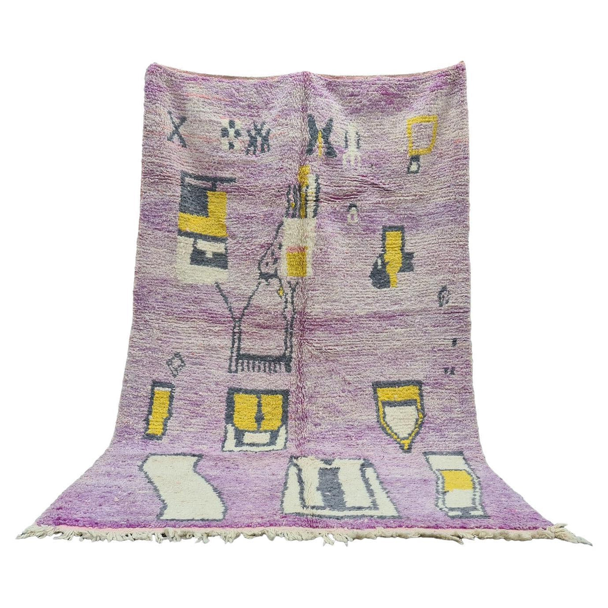 Moroccan Boujaad wool rug in soft purple with yellow black and cream geometric patterns