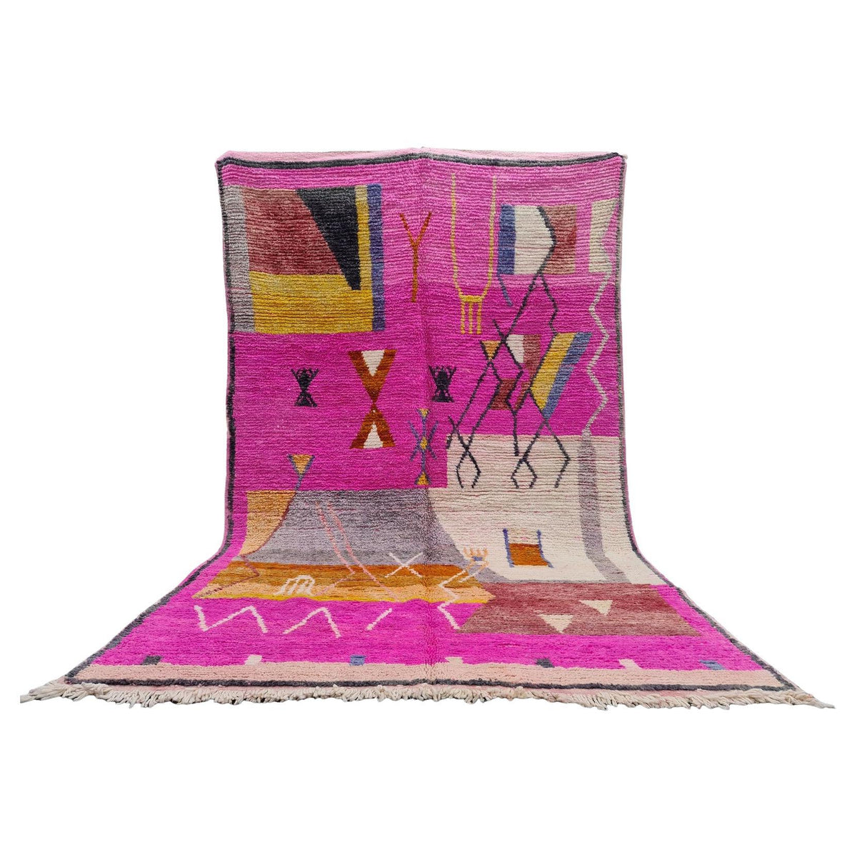 Moroccan Boujaad wool rug with vivid pink background and geometric designs