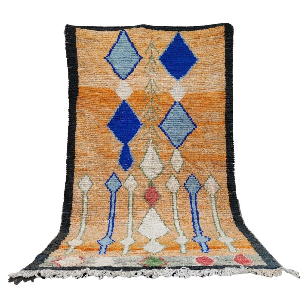 Moroccan Boujaad wool rug with orange ground and blue geometric patterns