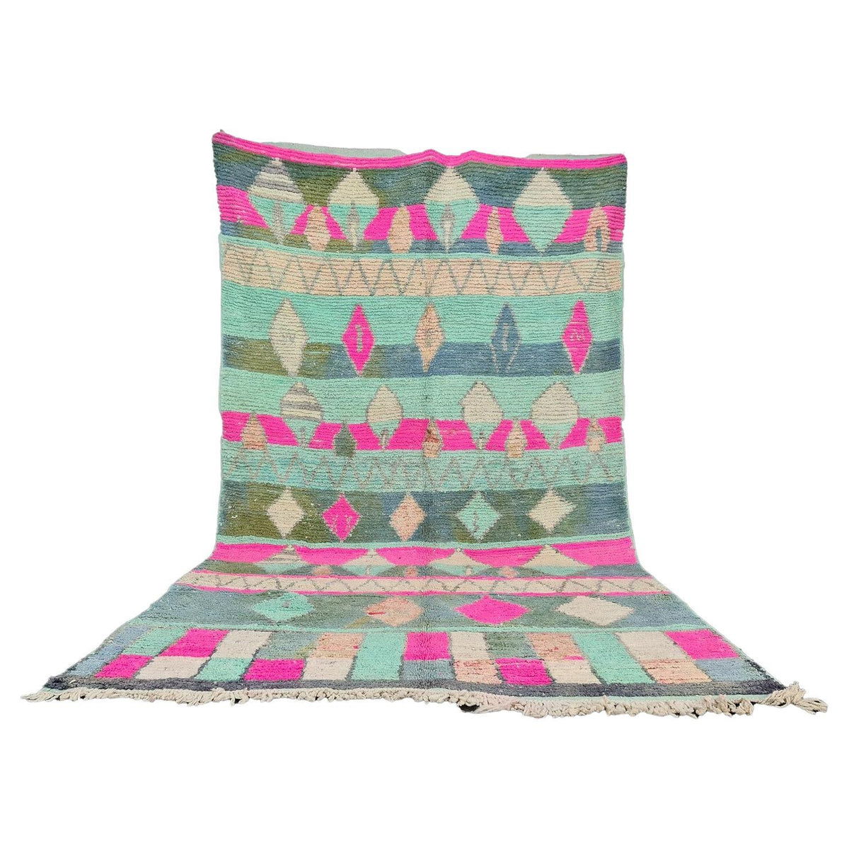 Moroccan Boujaad wool rug with green and pink geometric patterns