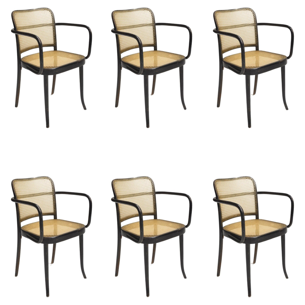 Josef Hoffmann Prague Model 811 black bentwood armchairs with woven pigskin seats and backs