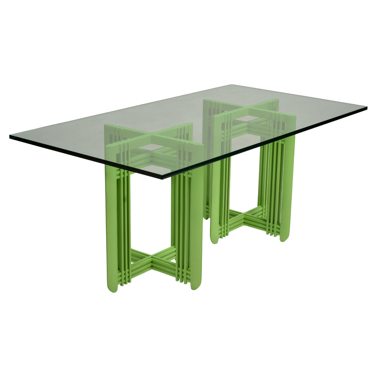 1990s Post-Modern green maple dining table with beveled glass top