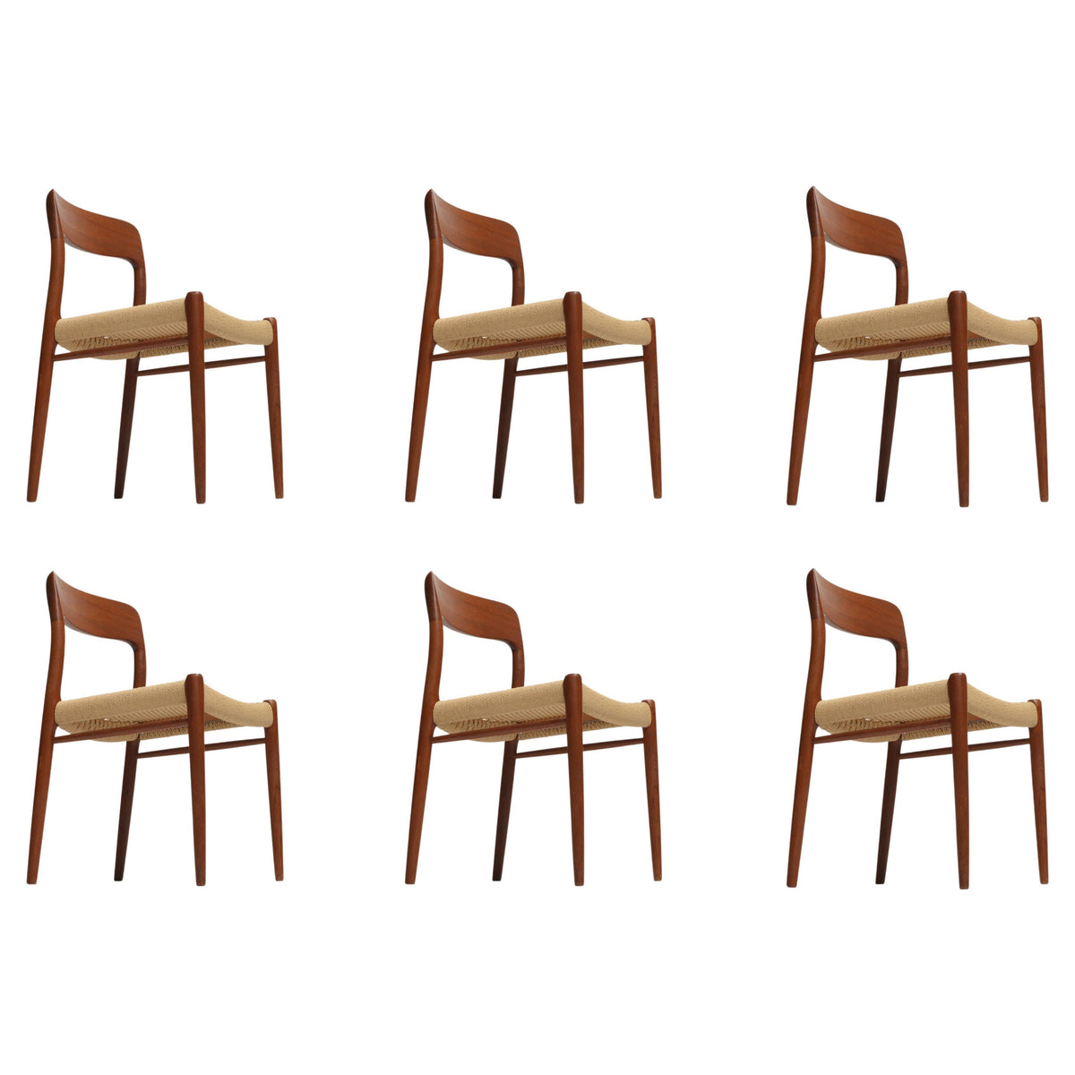 Set of six Niels Otto Møller Model 75 teak and Danish cord dining chairs