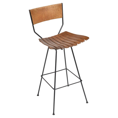 Arthur Umanoff for Raymor iron swivel bar stool with wood slat seat and rope back