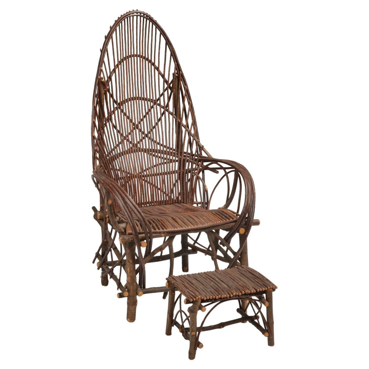 Vintage organic willow twig and stick lounge chair with matching footstool