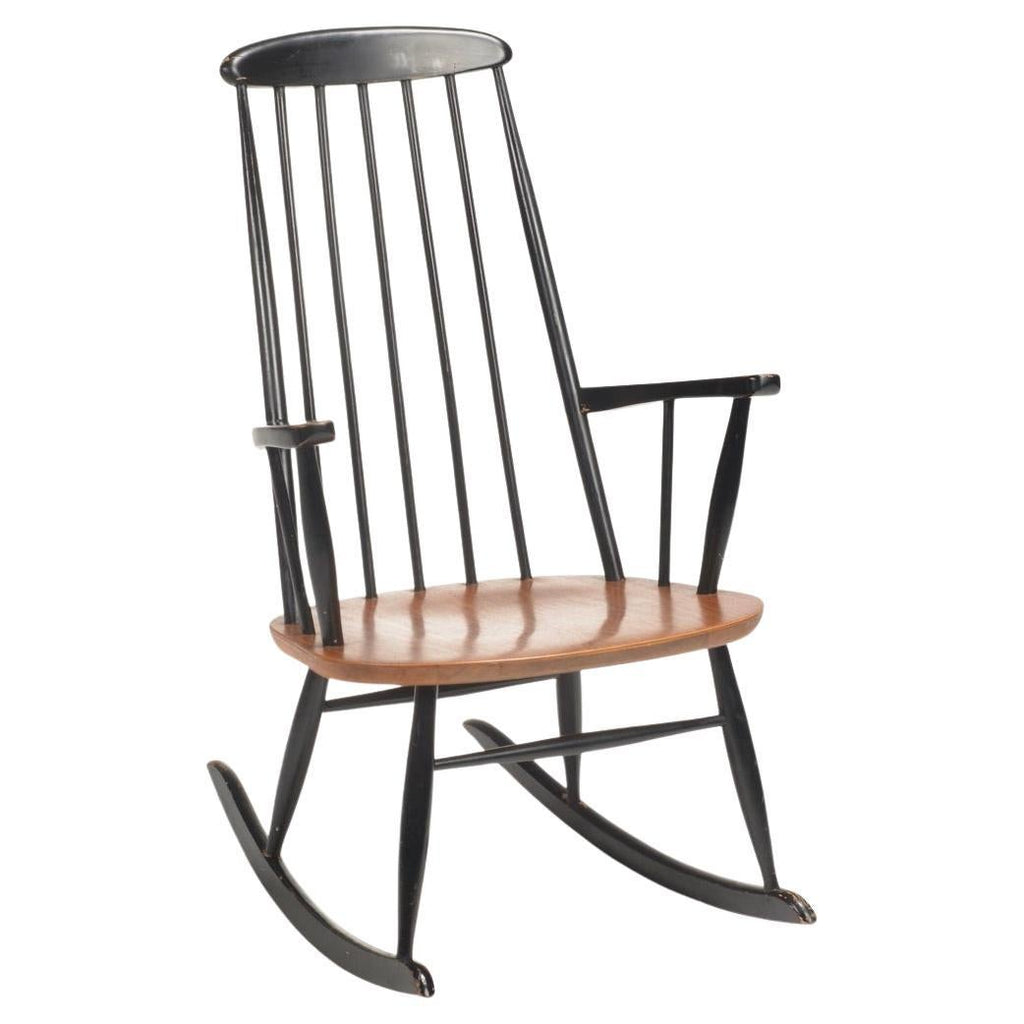 Roland Rainer tall teak and black lacquer rocking chair for Hagafors Stolfabrik, 1963