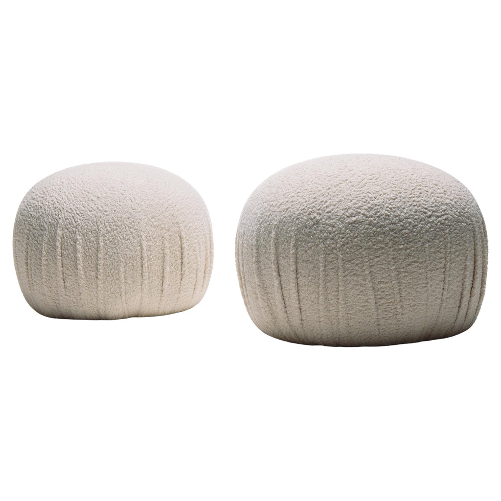 Large sculptural white boucle poufs, two available