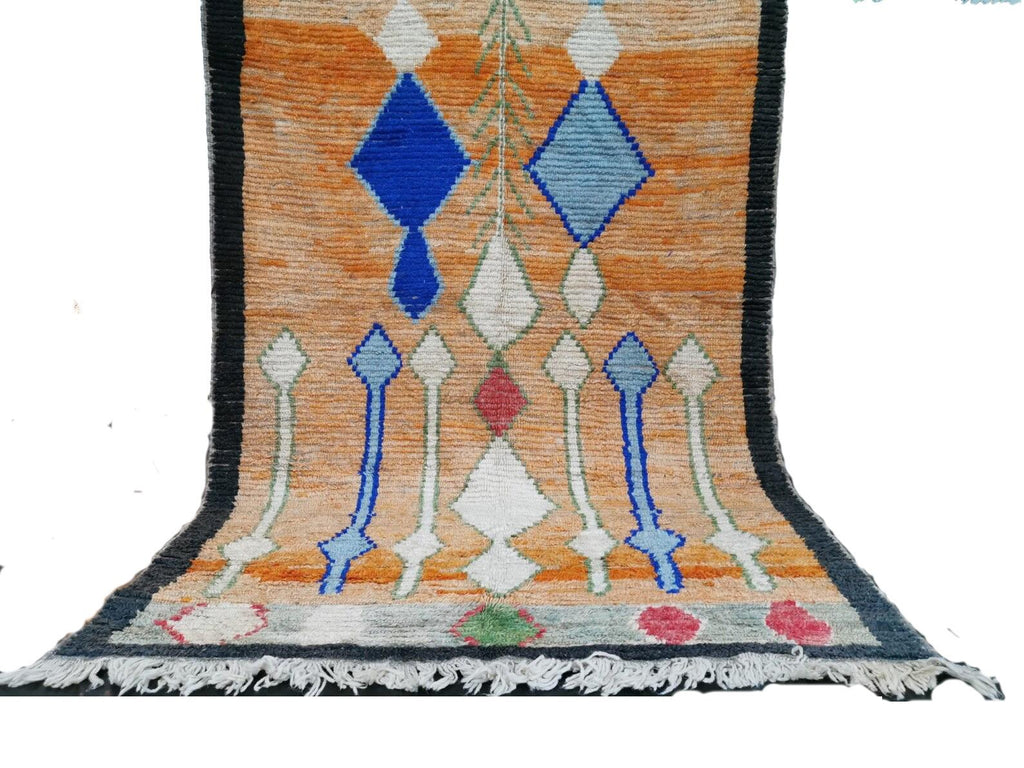 Moroccan Boujaad orange and blue geometric wool rug detail 3