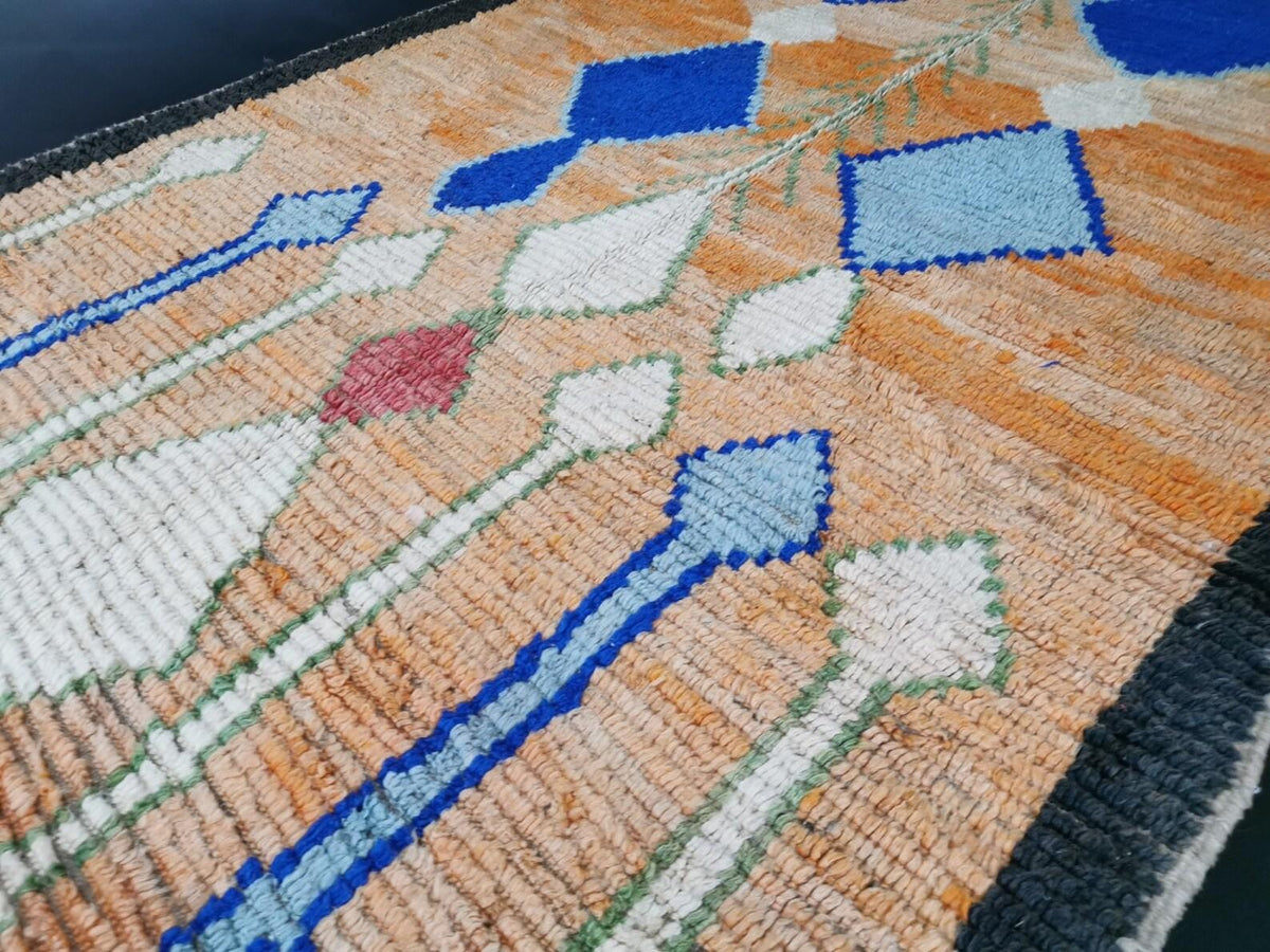 Moroccan Boujaad orange and blue geometric wool rug detail 9