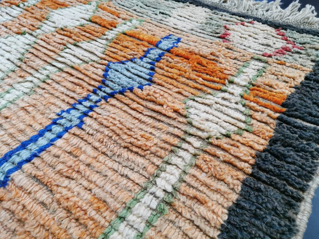 Moroccan Boujaad orange and blue geometric wool rug detail 7