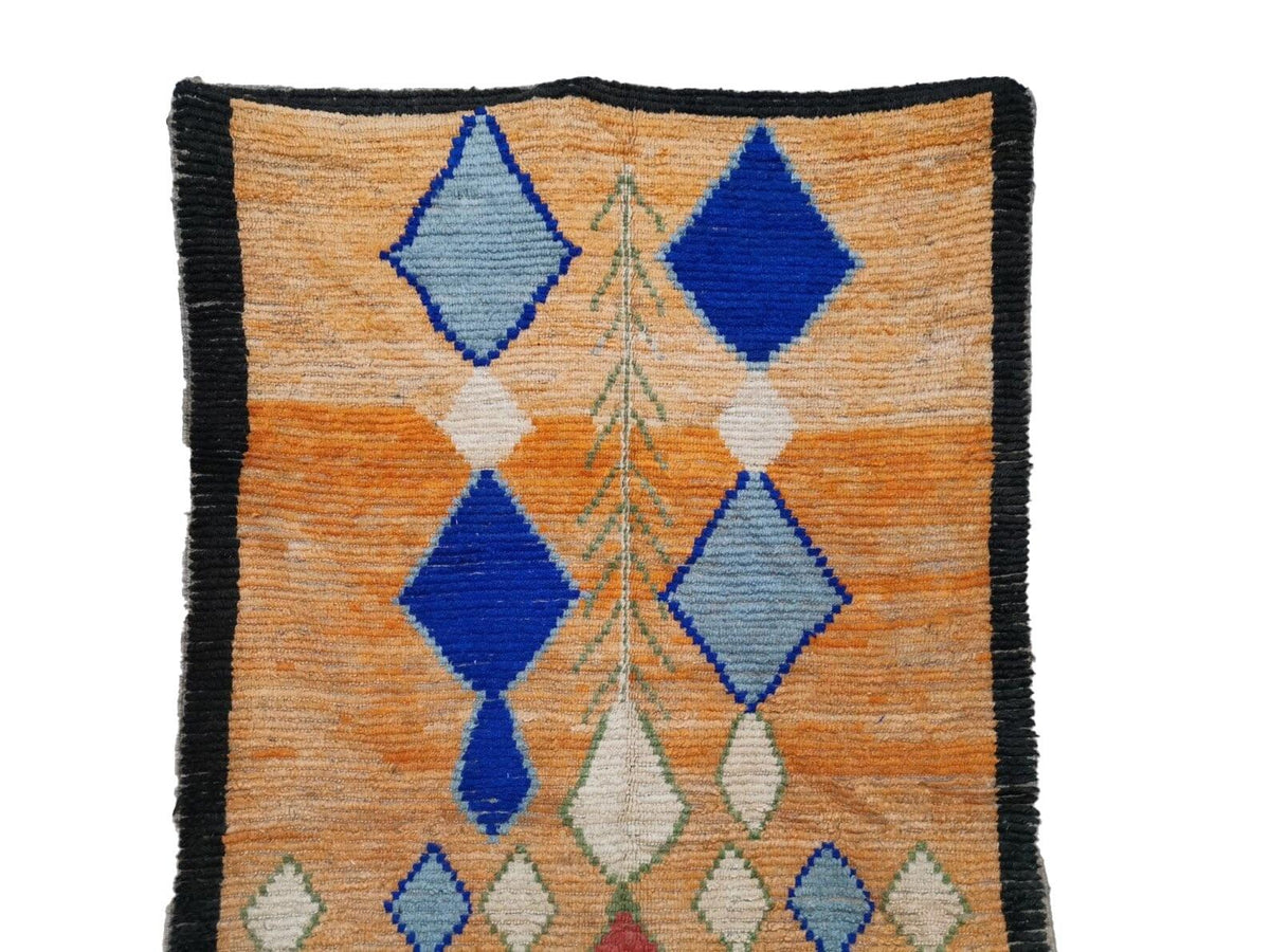 Moroccan Boujaad orange and blue geometric wool rug detail 2