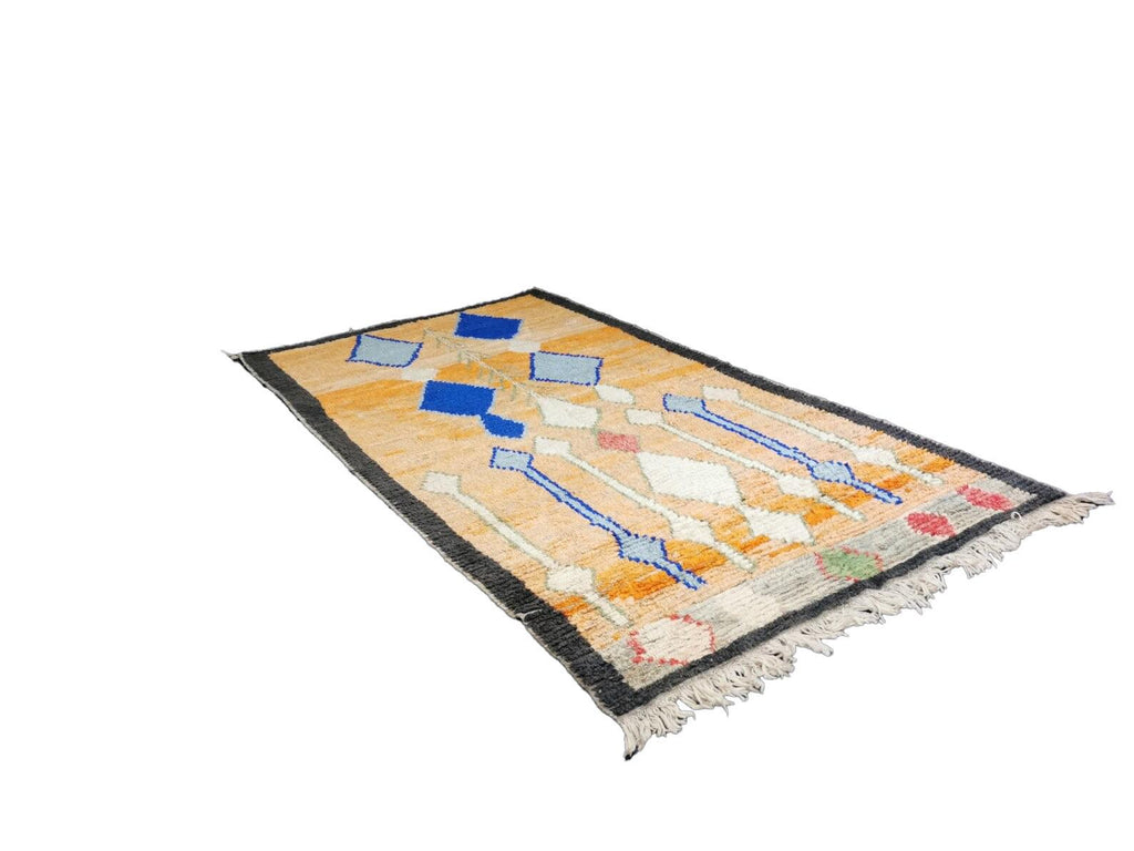Moroccan Boujaad orange and blue geometric wool rug detail 5