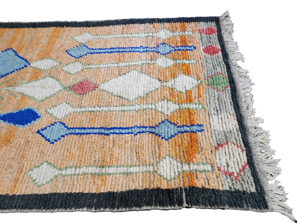 Moroccan Boujaad orange and blue geometric wool rug detail 8