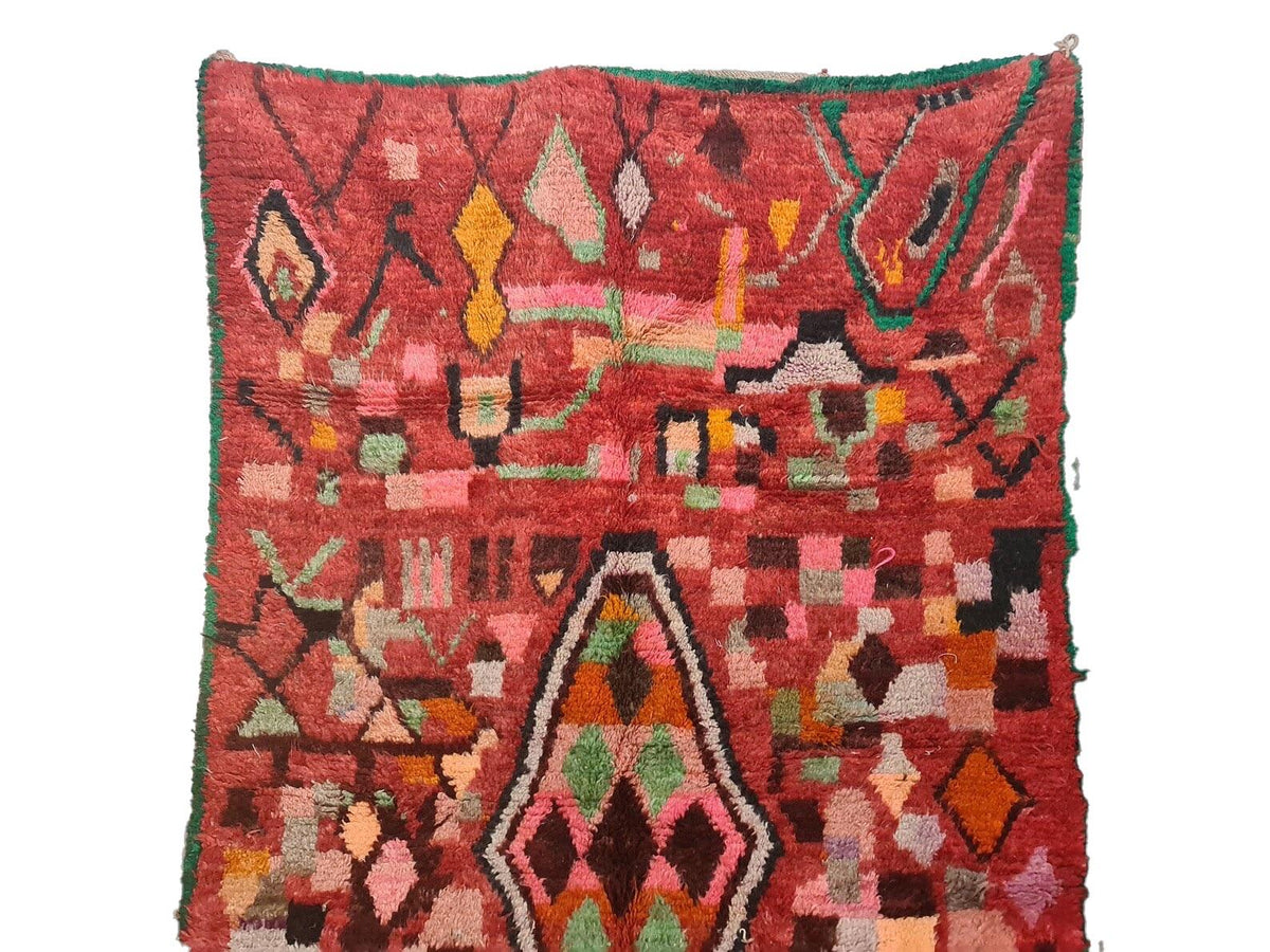 Moroccan Boujaad red multicolored abstract wool rug detail 10