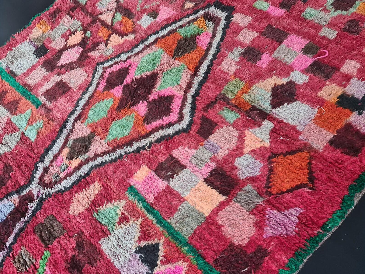 Moroccan Boujaad red multicolored abstract wool rug detail 6