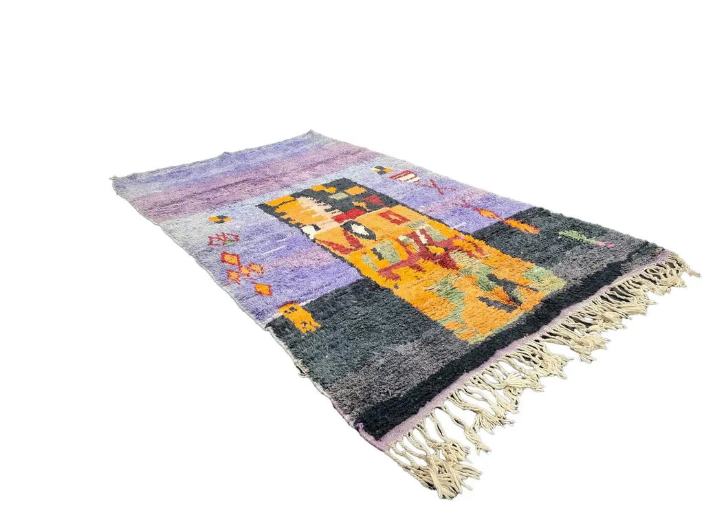 Moroccan Boujaad Rug in Mauve, Pink, Orange, and Black Geometric Patterns