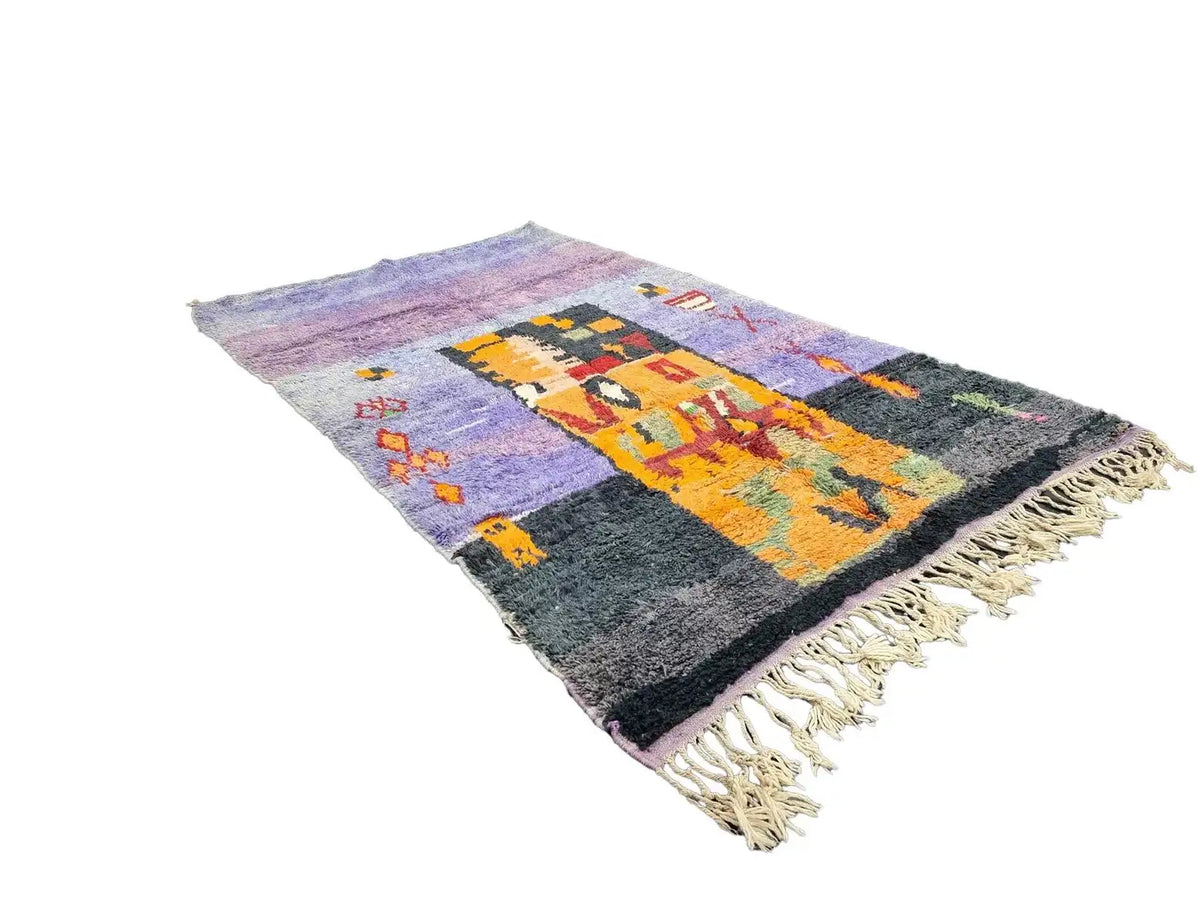 Moroccan Boujaad Rug in Mauve, Pink, Orange, and Black Geometric Patterns