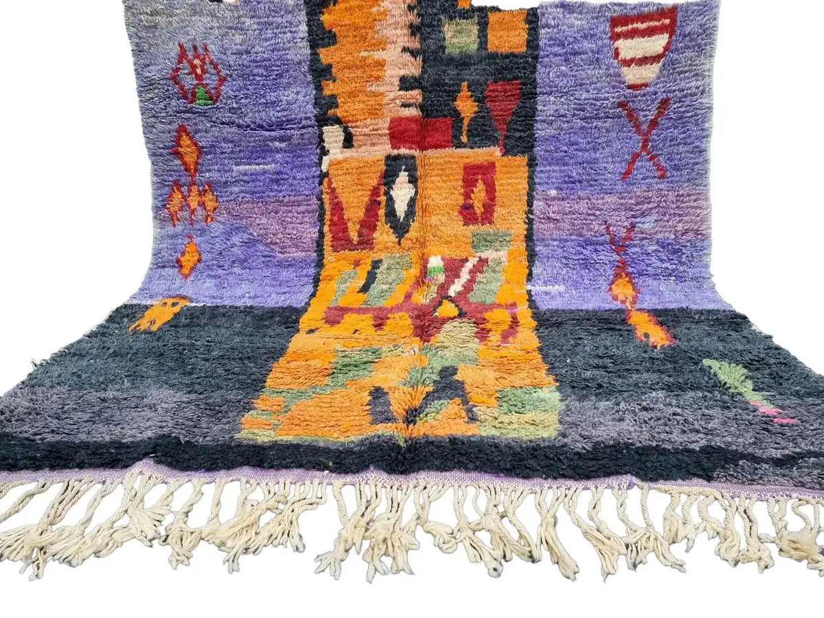 Moroccan Boujaad Rug in Mauve, Pink, Orange, and Black Geometric Patterns